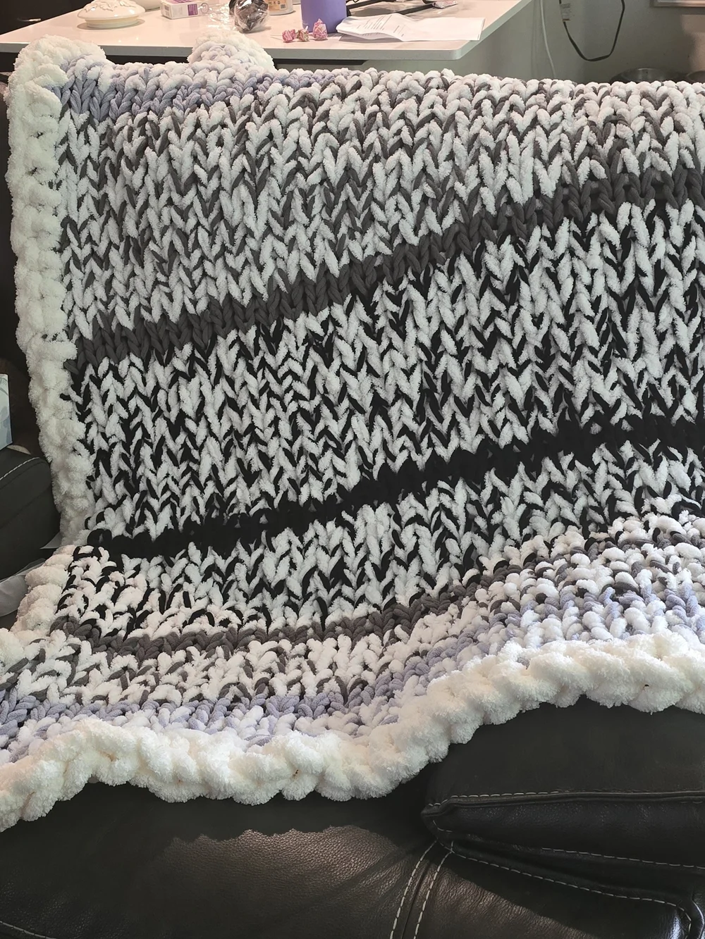 Hand Made Cozy Chunky Knit Plush Throw Blanket - Gray & White